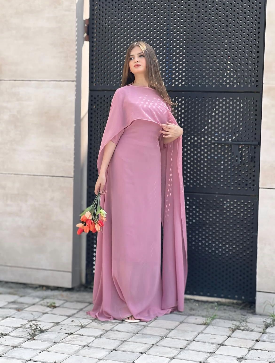 shawl dress Graceful Cape PINK – Raim Collection Sleeve Type_Short Sleeve Aurora Pleated Cutout Maxi line skirt. Extra small, Small, Medium, Large:Large
