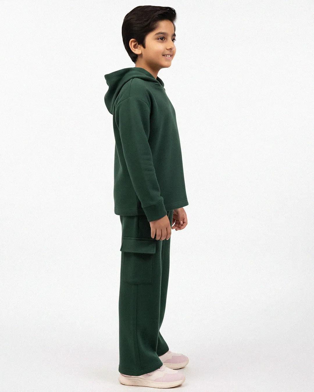 Kids Premium Fleece Cargo Hoodie & Wide-Leg Trouser Set – Forest Green