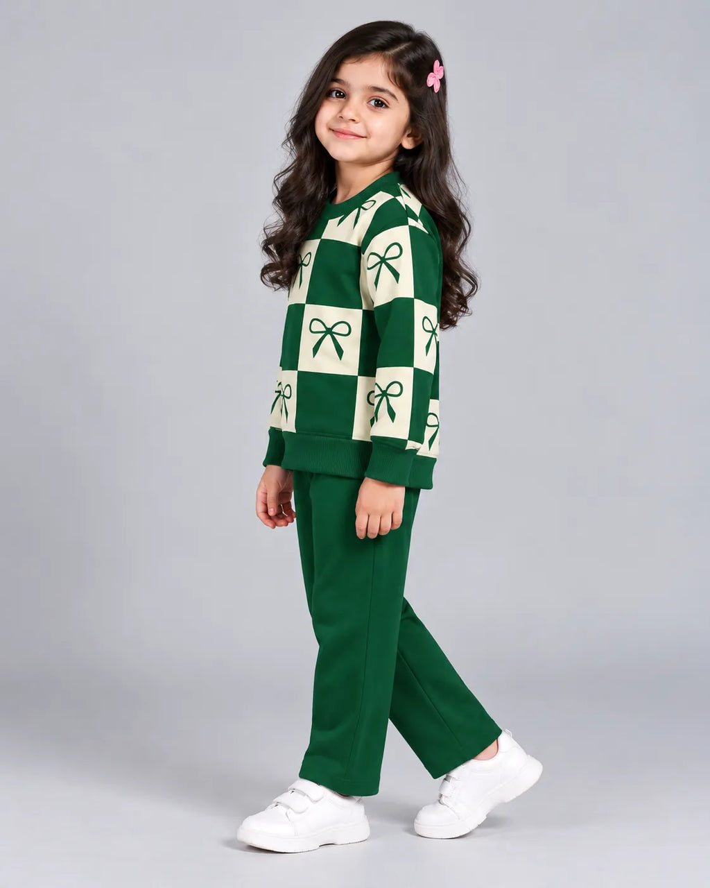Check Bow Kids Winter Set - Dark Green