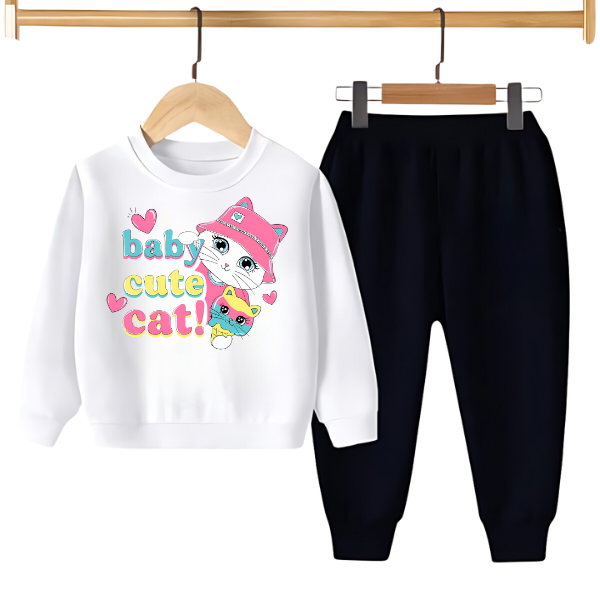 Kids Winter Sweat Shirt Set | Baby Cute Cat Printed