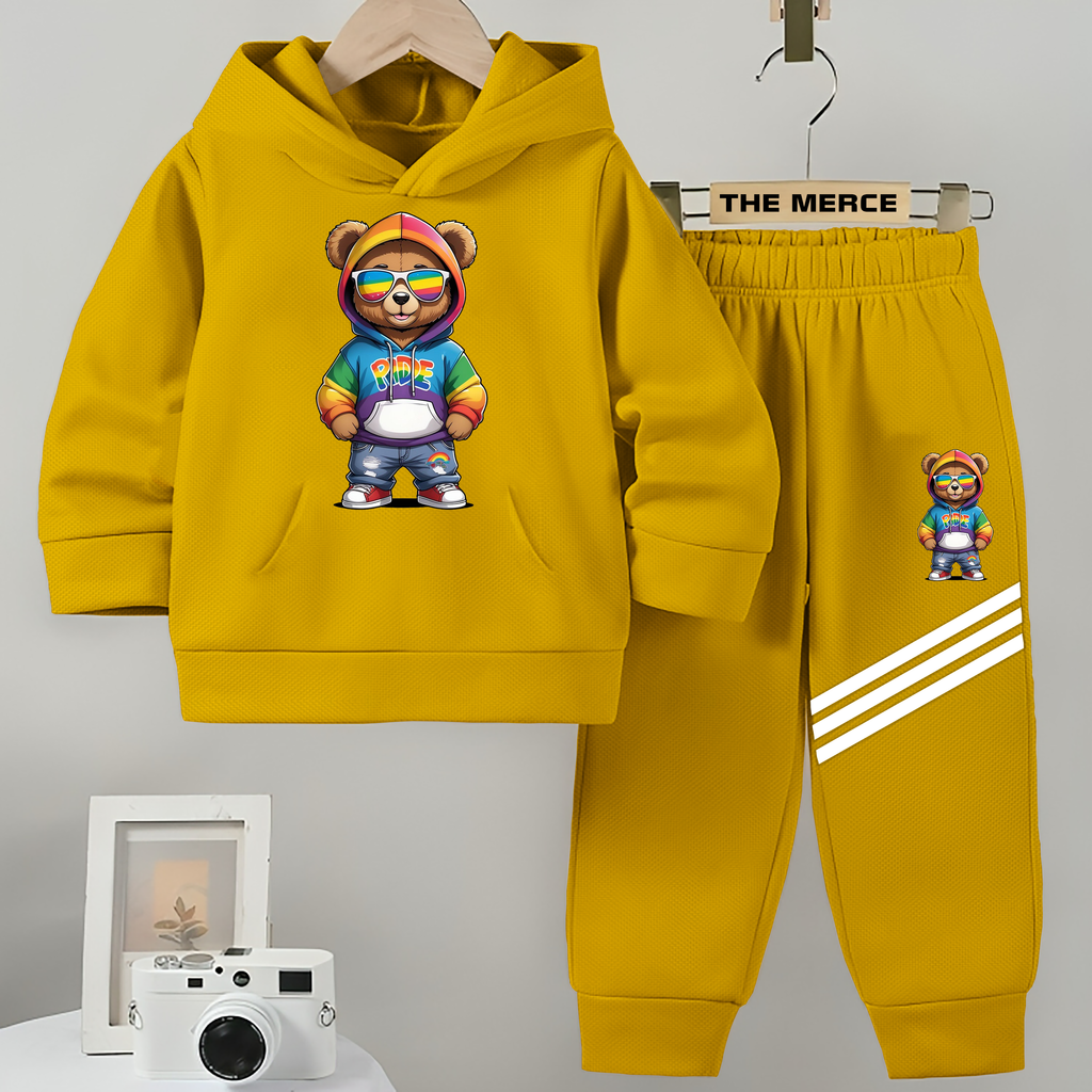 Baby/Boy Stripe Printed Galaxy Bear Winter Fleece Hoodie Track Suit