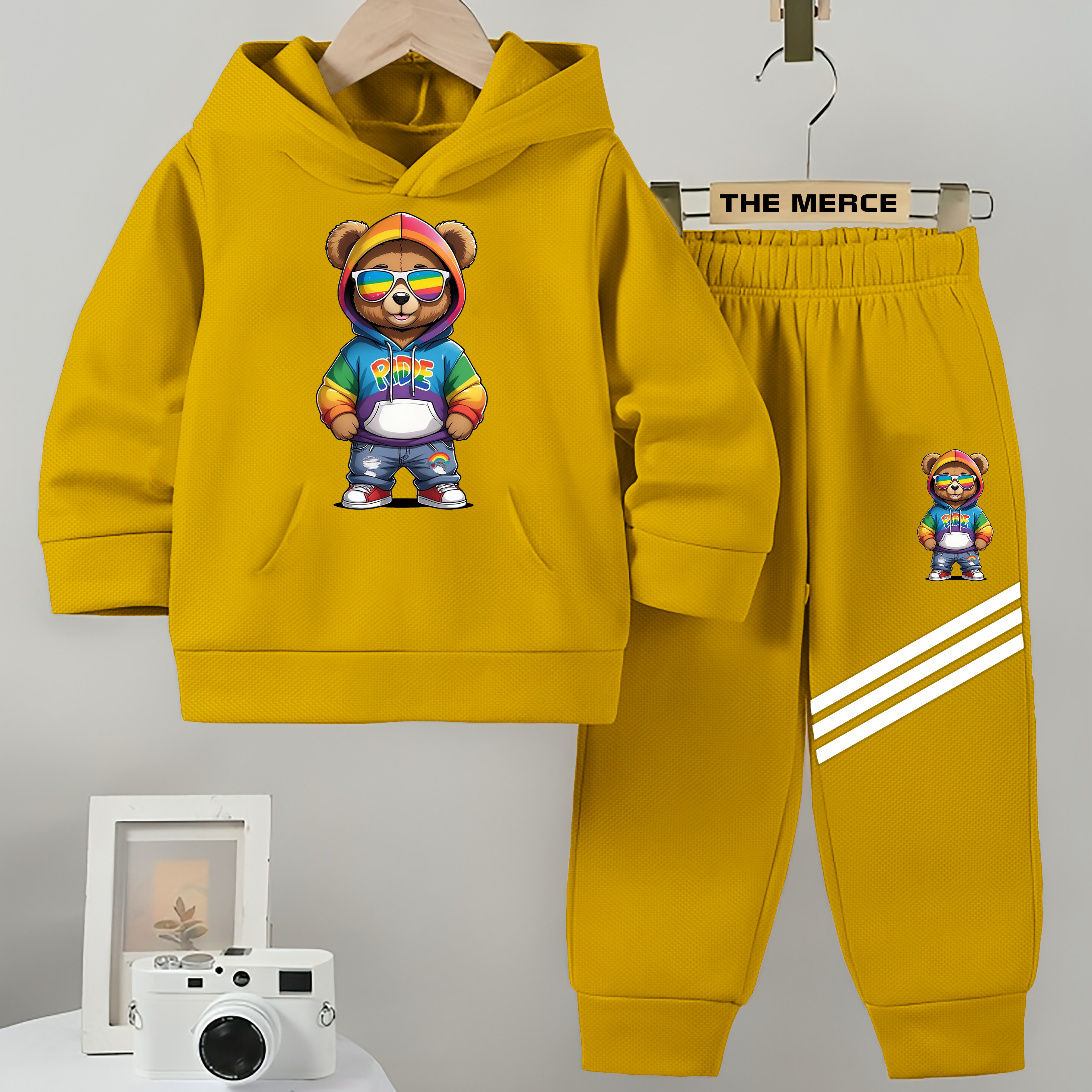 Baby/Boy Stripe Printed Galaxy Bear Winter Fleece Hoodie Track Suit