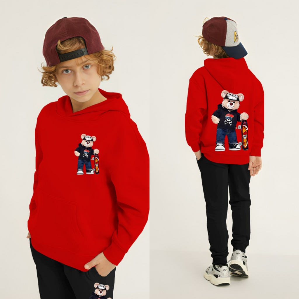 Kids Winter Hoodie Set | Bear Skateboard Printed