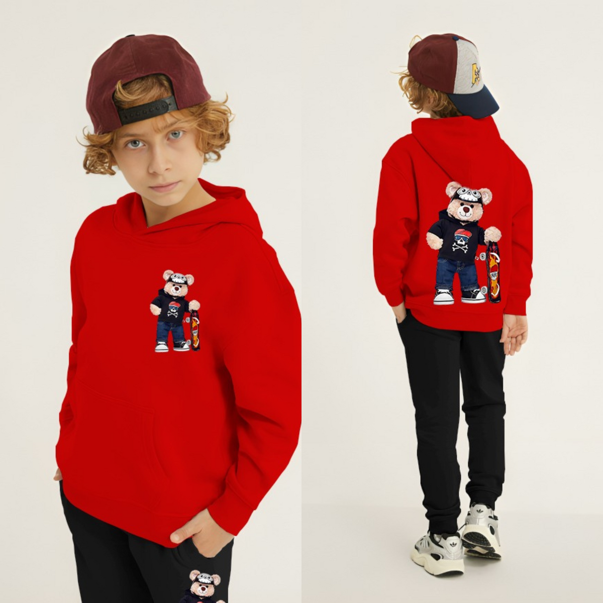 Kids Winter Hoodie Set | Bear Skateboard Printed