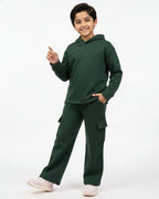 Kids Premium Fleece Cargo Hoodie & Wide-Leg Trouser Set – Forest Green