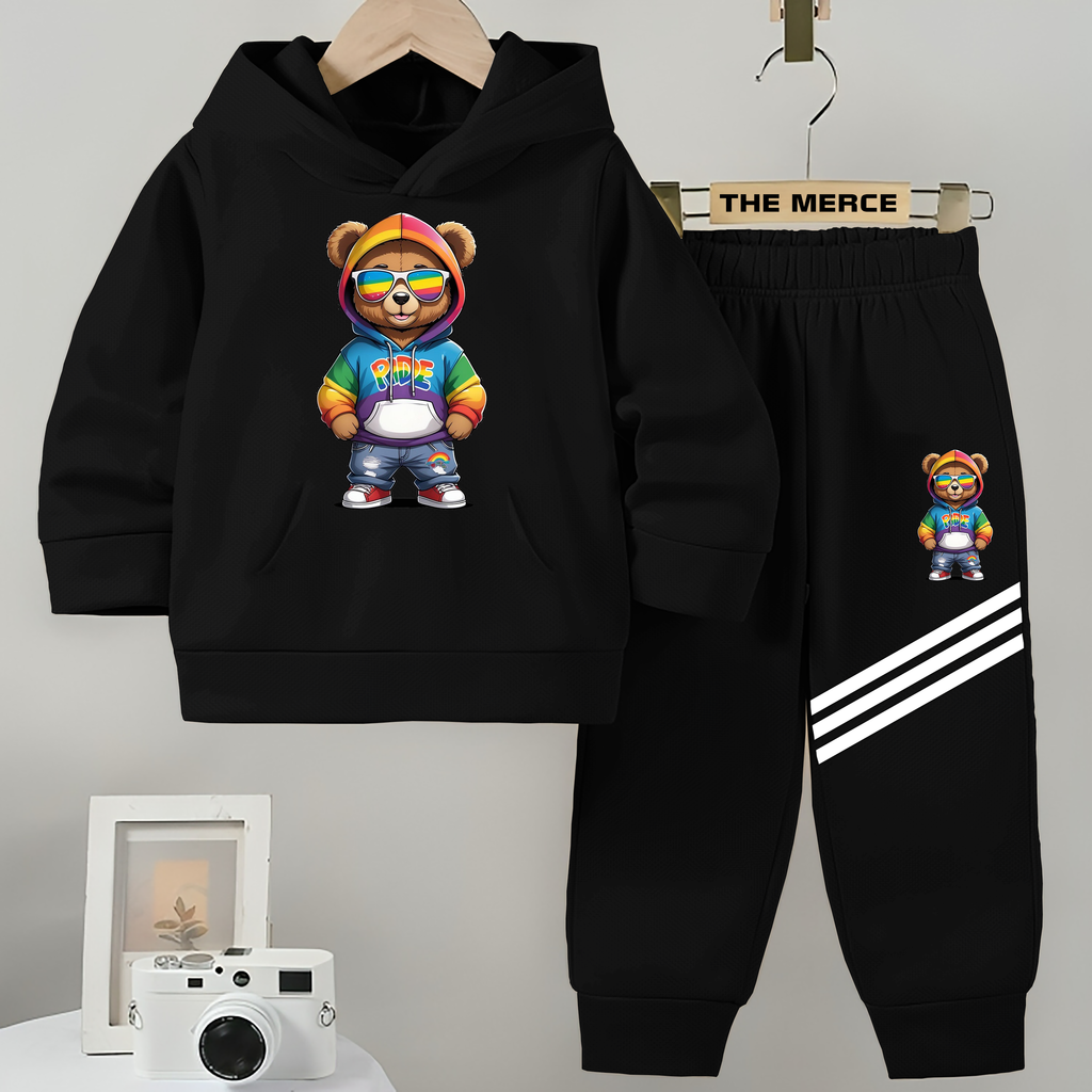 Baby/Boy Stripe Printed Galaxy Bear Winter Fleece Hoodie Track Suit