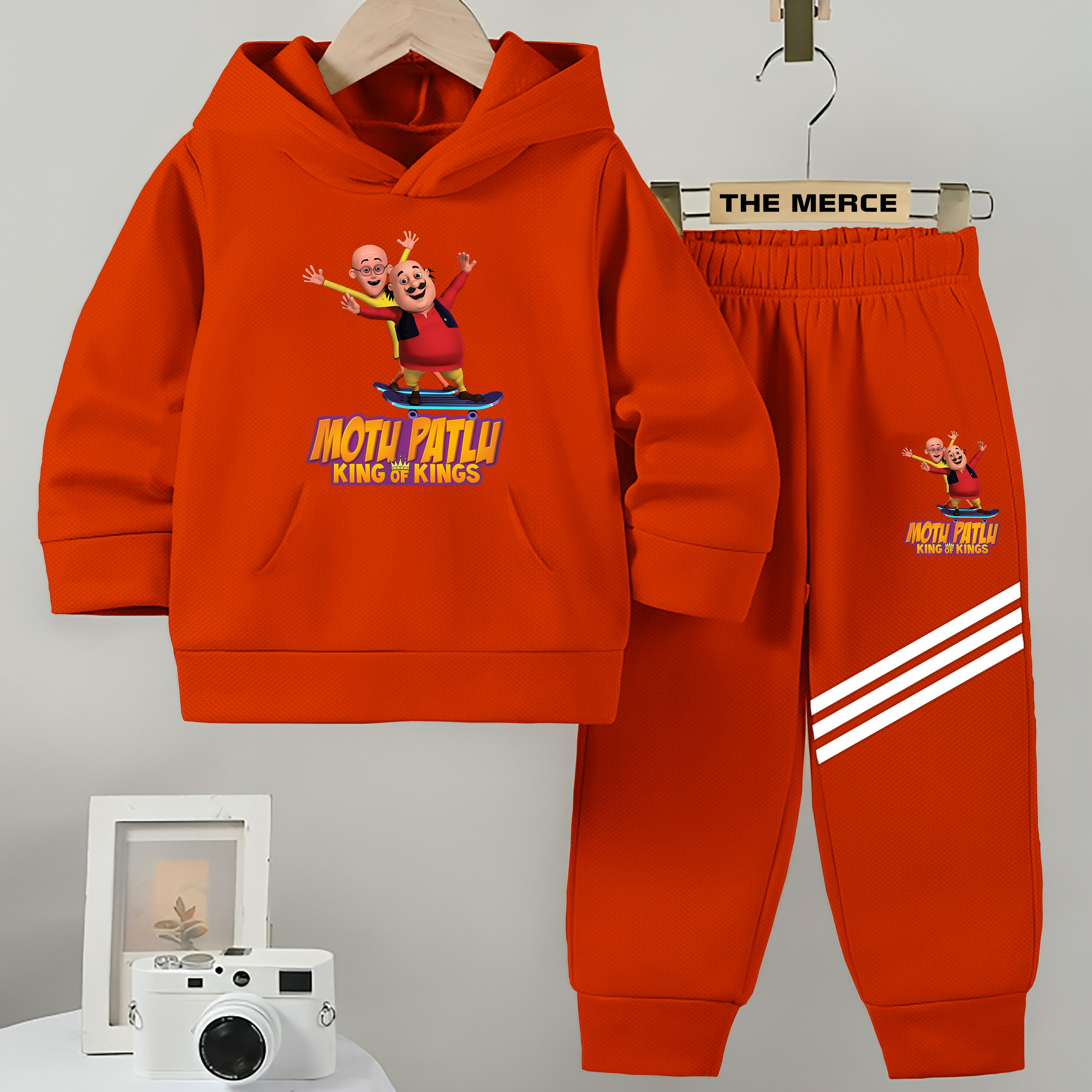 Baby/Boy Stripe Printed MOTU PATLU Winter Fleece Hoodie Track Suit
