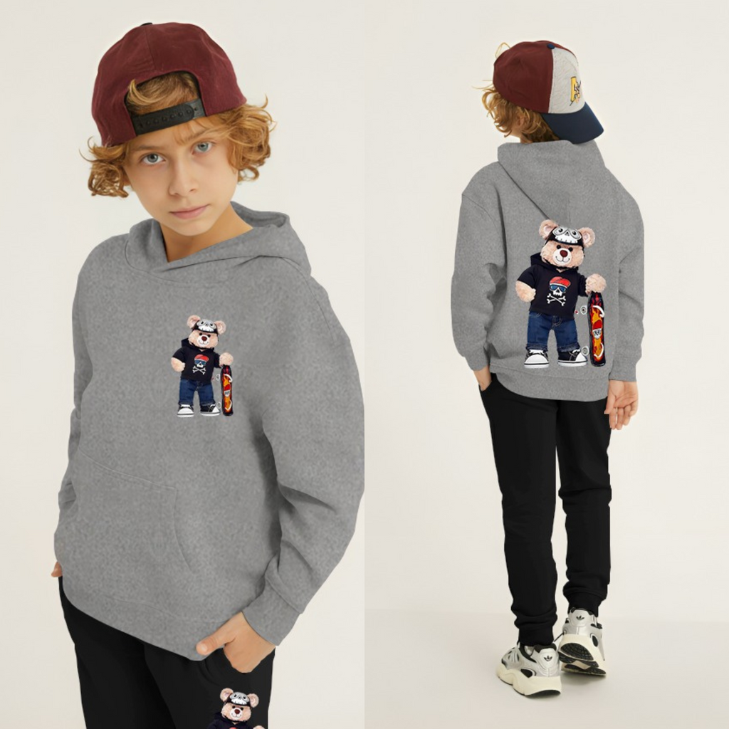 Kids Winter Hoodie Set | Bear Skateboard Printed