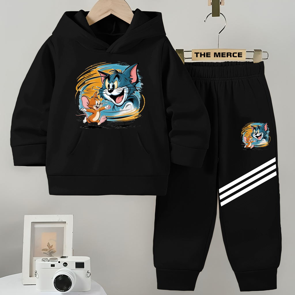 Baby/Boy Stripe Printed Tom & Jerry Winter Fleece Hoodie Track Suit