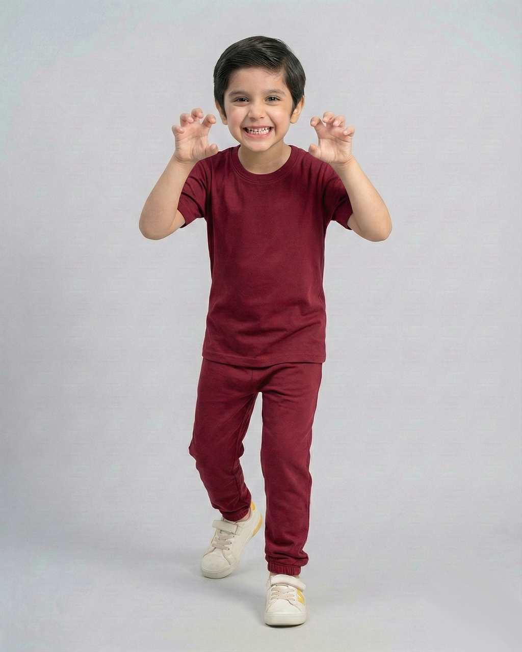 Kids Maroon Cotton T-Shirt & Trouser Set