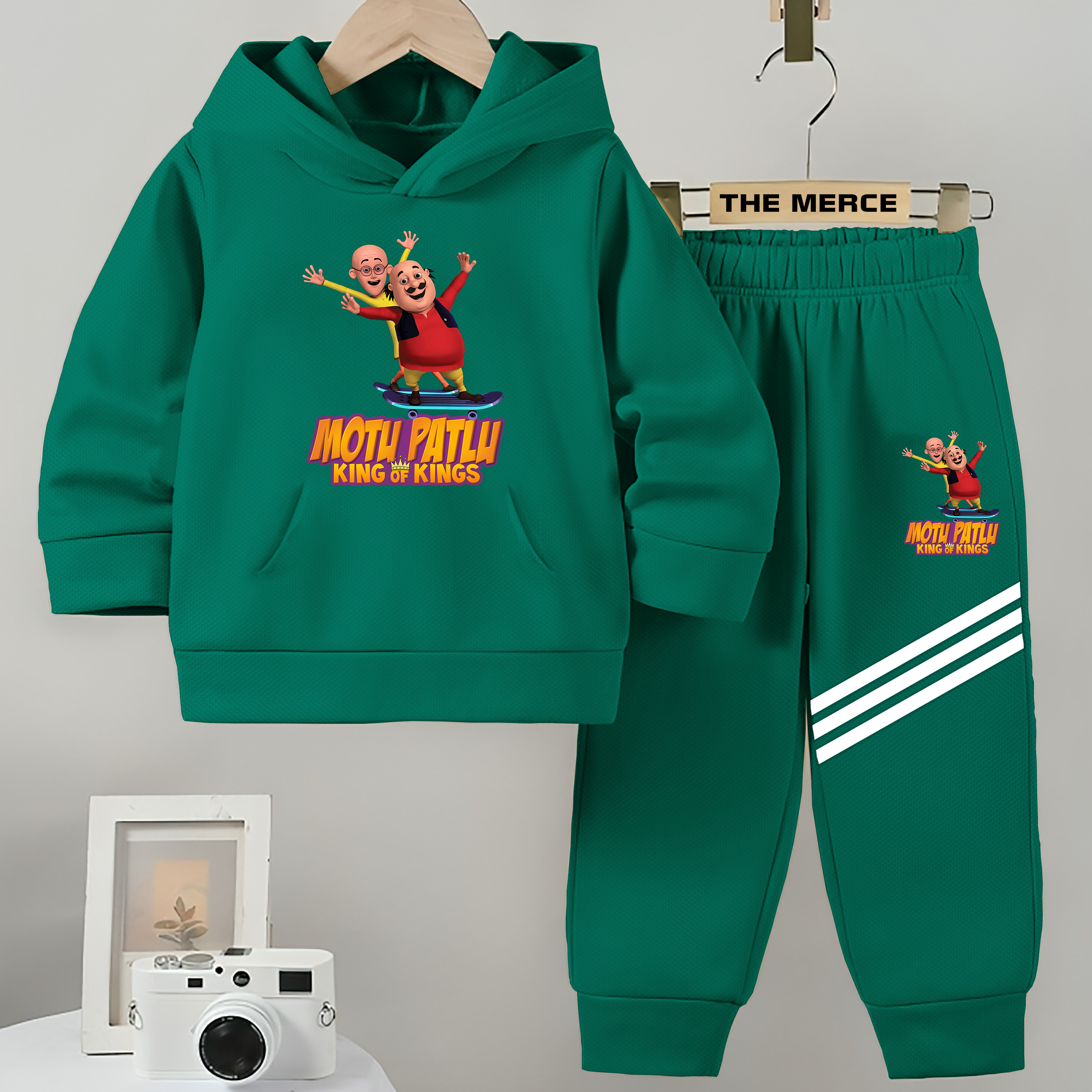 Baby/Boy Stripe Printed MOTU PATLU Winter Fleece Hoodie Track Suit