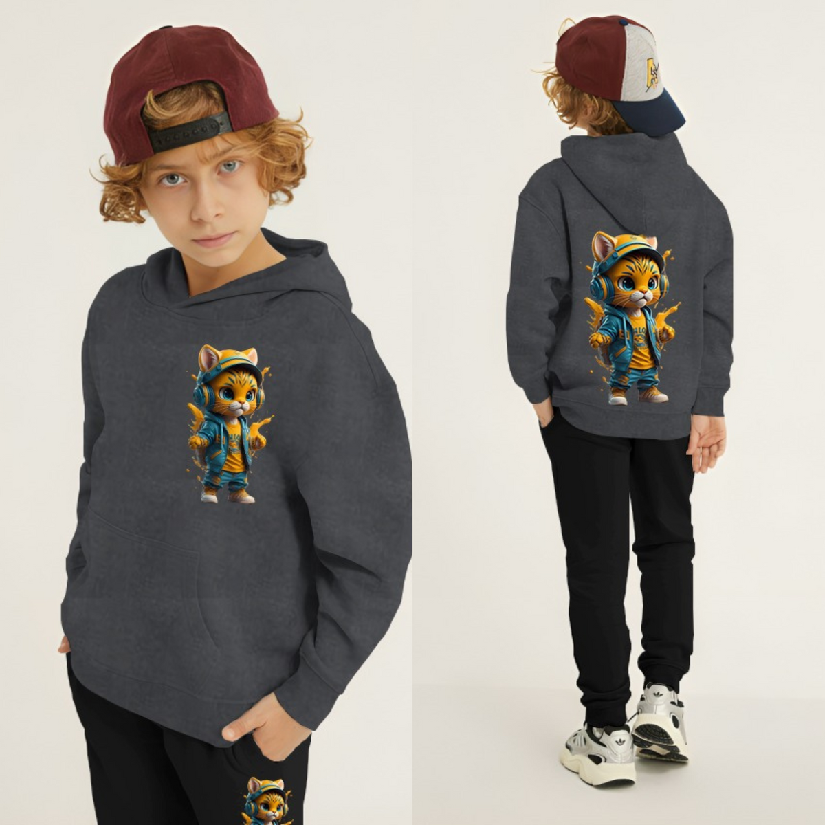Kids Winter Hoodie Set | Cool Cat Printed