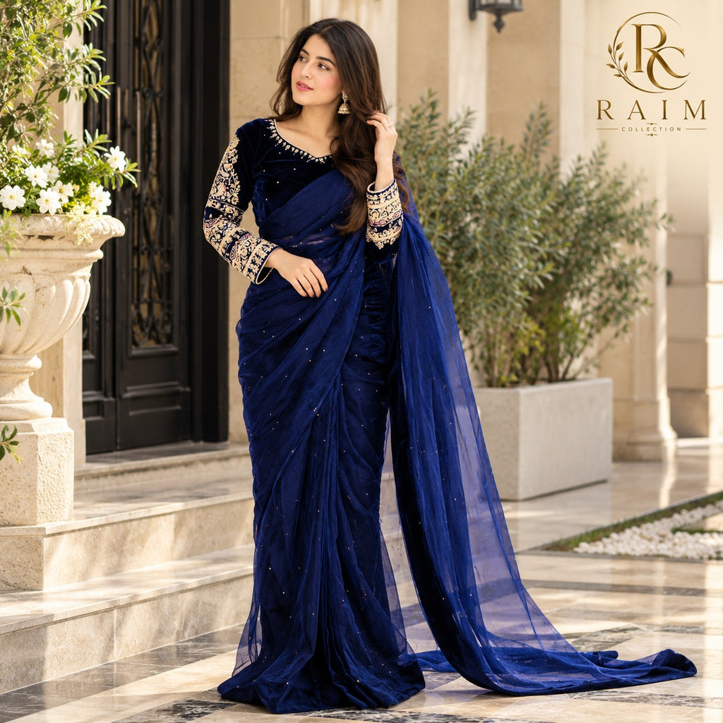 Pearl Embellished Chiffon Saree with Silk Blouse 3 Piece