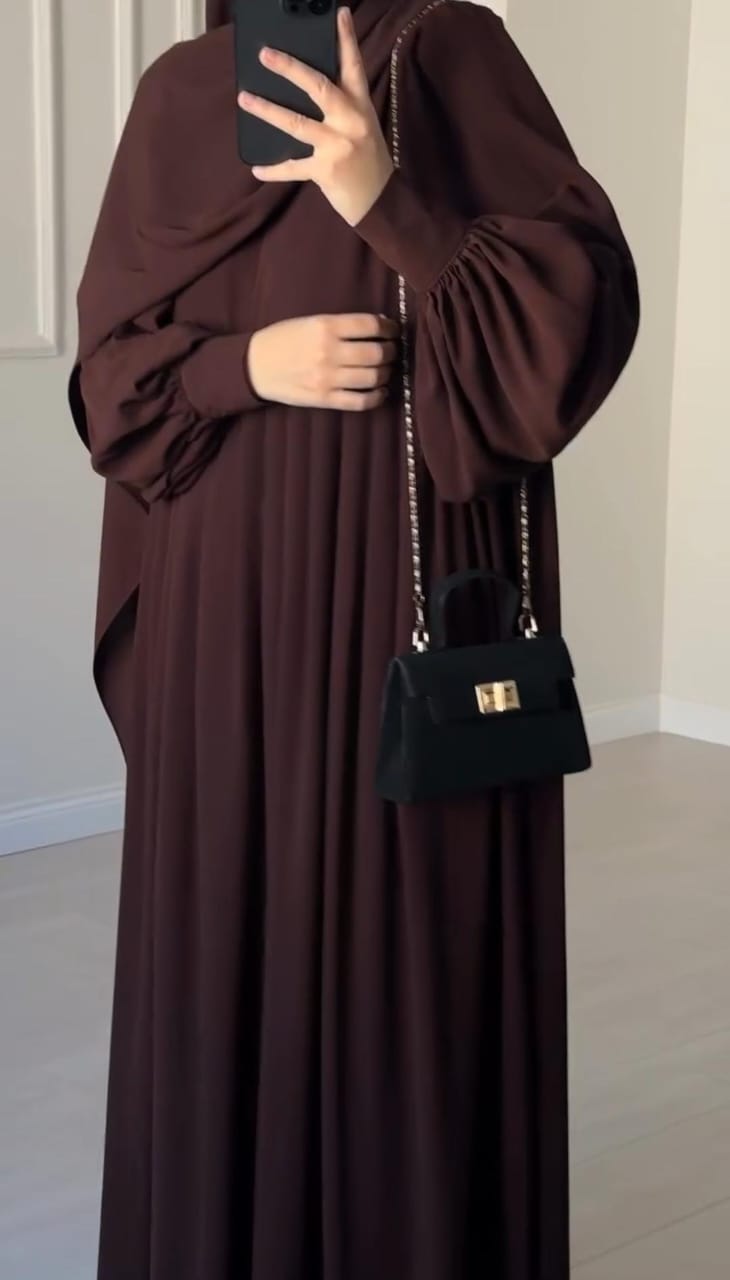Chocolate Brown Abaya with Ruched Sleeves