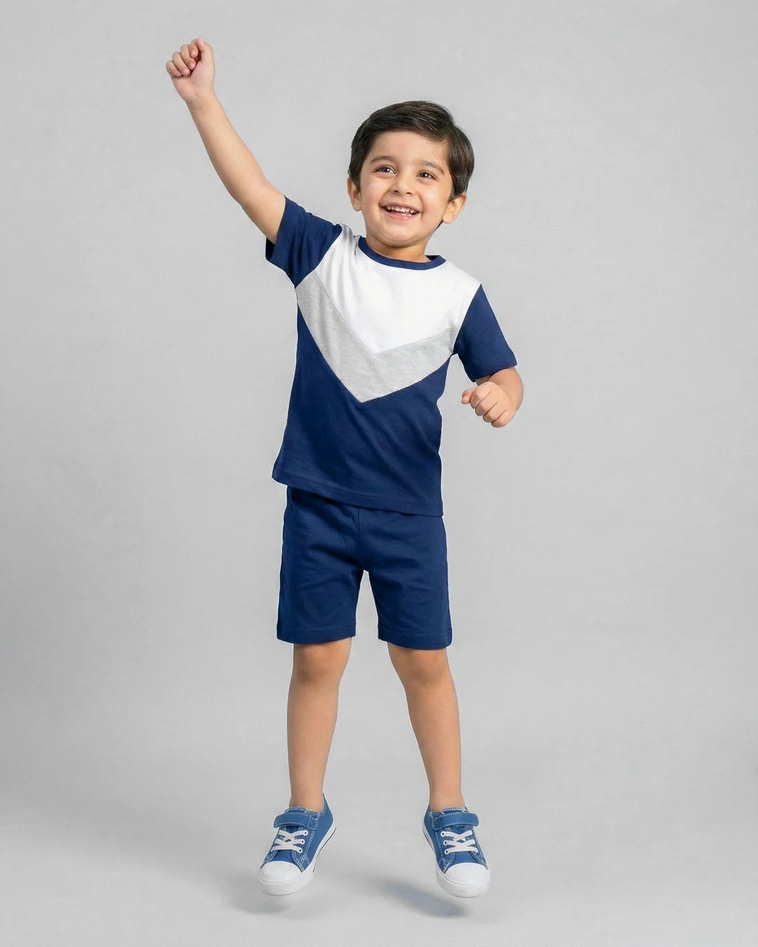 Blue Grey Panel Kids Short Sleeve Kids Wear