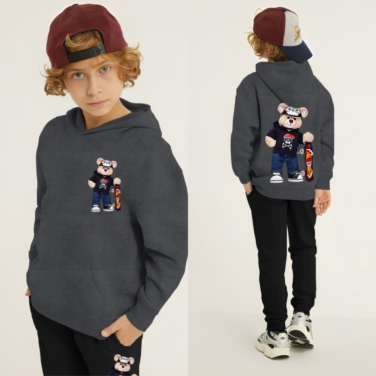 Kids Winter Hoodie Set | Bear Skateboard Printed