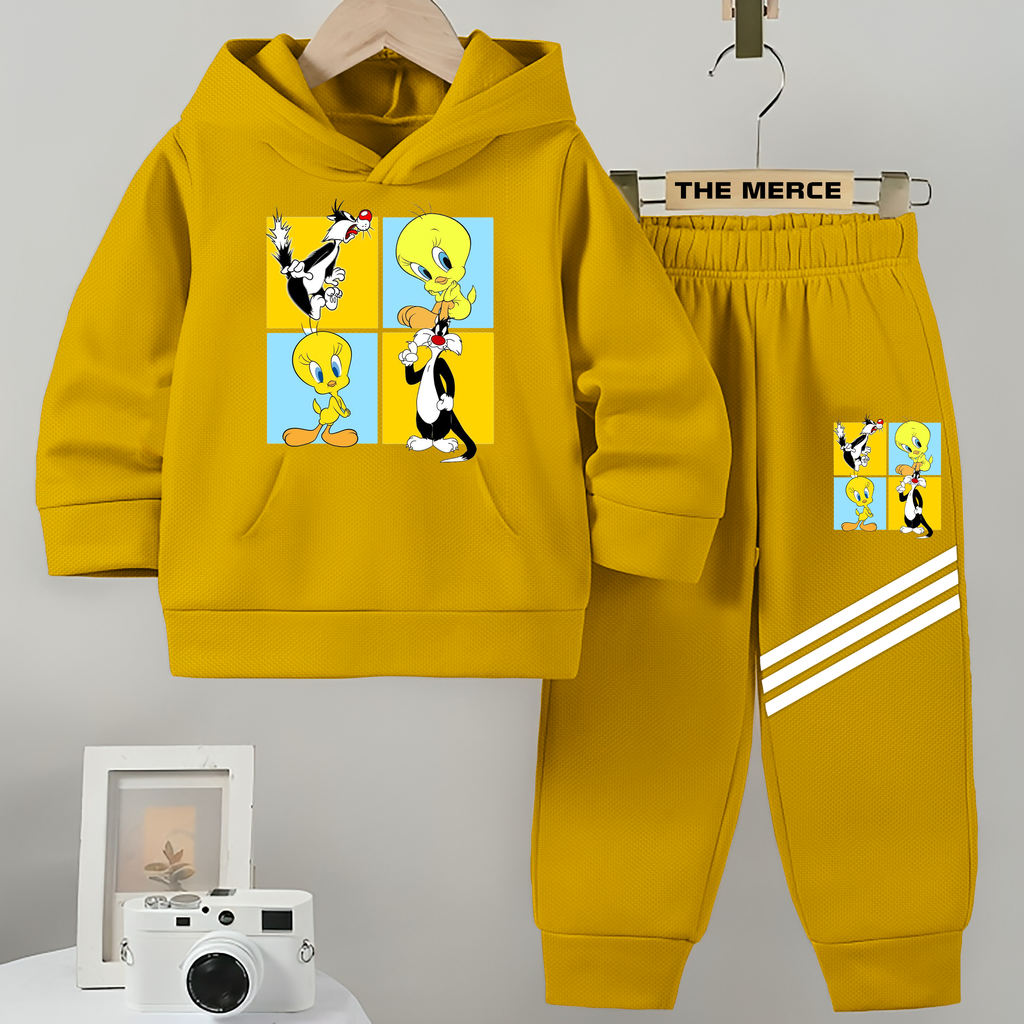 Baby/Boy Stripe Printed Tweety Winter Fleece Hoodie Track Suit