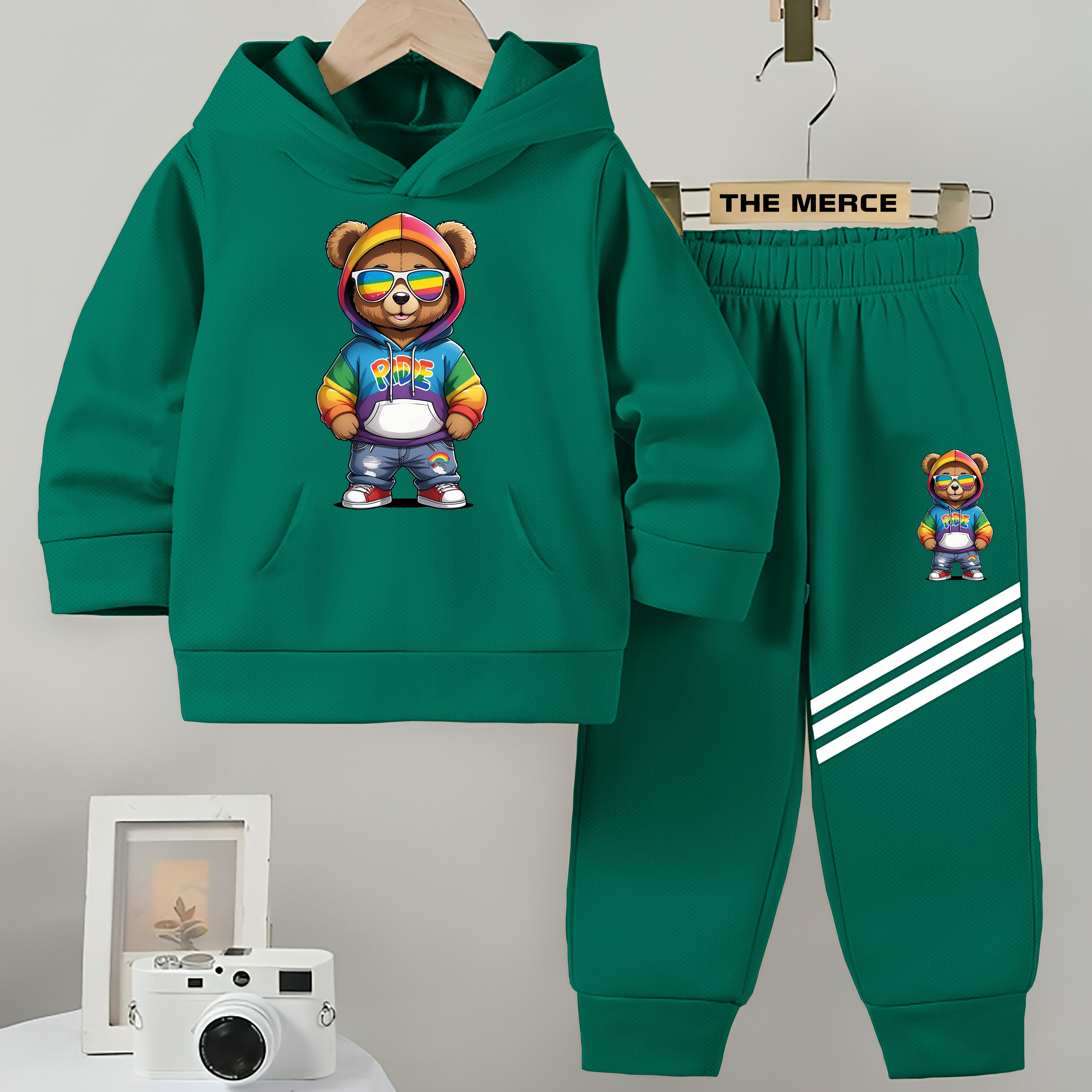 Baby/Boy Stripe Printed Galaxy Bear Winter Fleece Hoodie Track Suit
