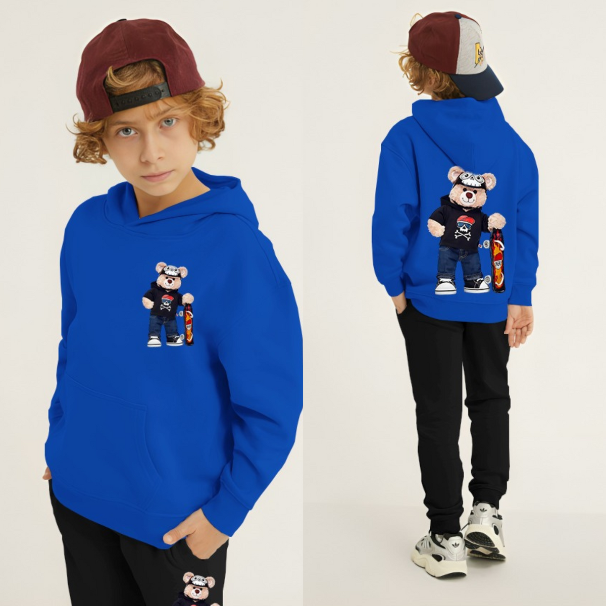 Kids Winter Hoodie Set | Bear Skateboard Printed