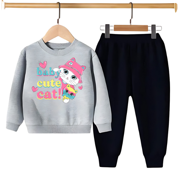 Kids Winter Sweat Shirt Set | Baby Cute Cat Printed