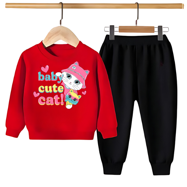 Kids Winter Sweat Shirt Set | Baby Cute Cat Printed