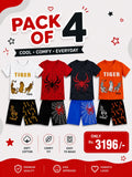 Pack Of 4 Kids Short Set | Orange & White Tiger, Grey & Red Spider