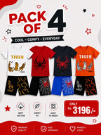 Pack Of 4 Kids Short Set | Orange & White Tiger, Grey & Red Spider