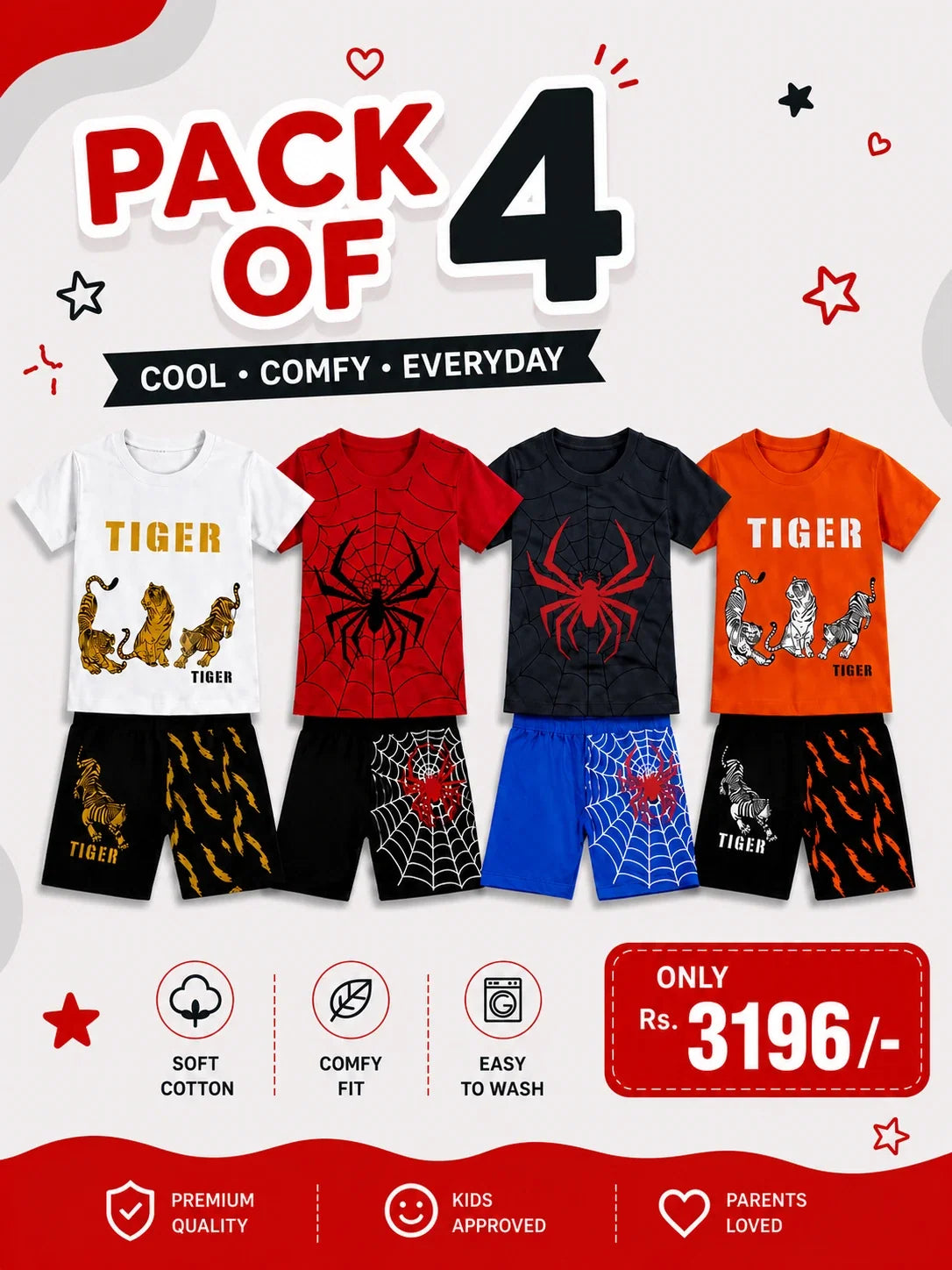 Pack Of 4 Kids Short Set | Orange & White Tiger, Grey & Red Spider
