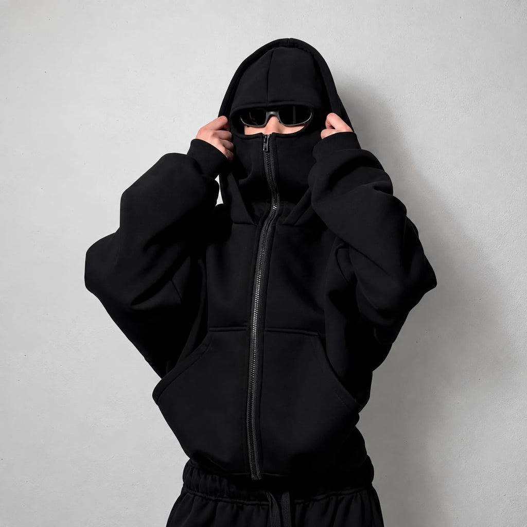 Black Oversized Full-Zip Face Cover Hoodie