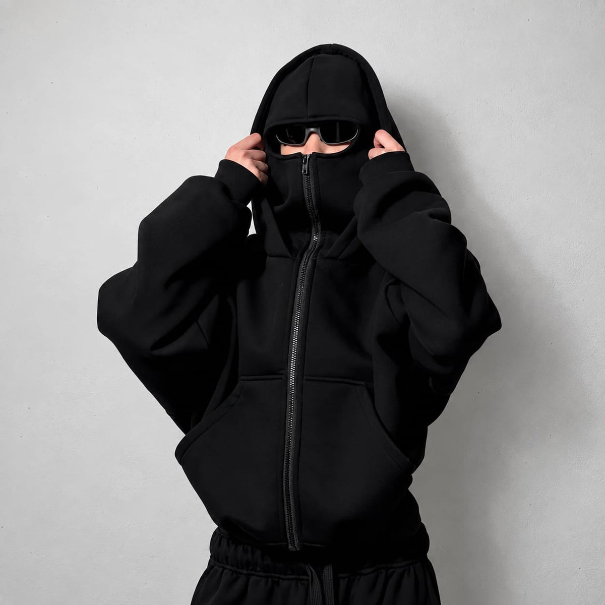 Black Oversized Full-Zip Face Cover Hoodie