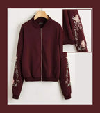 Embroidered Floral Detail Zip Up Bomber Jacket For Women -0538