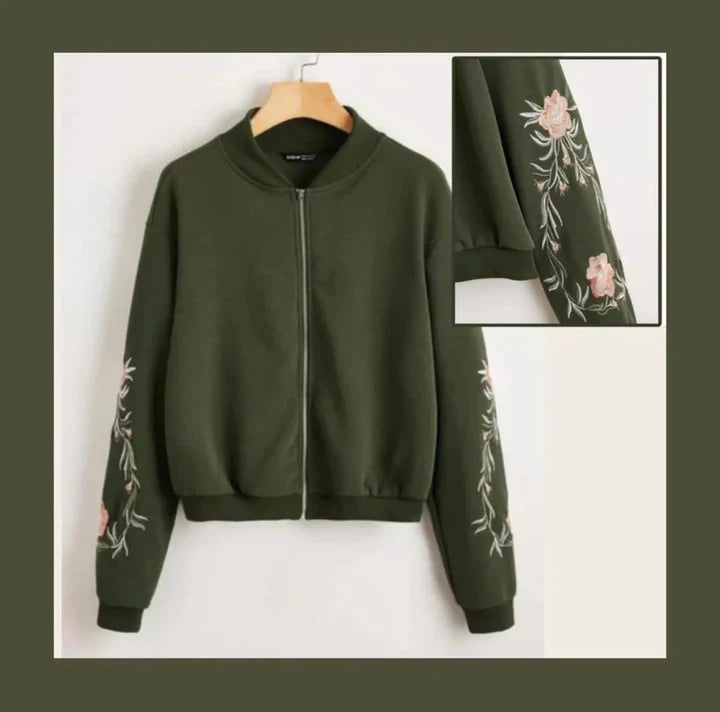 Embroidered Floral Detail Zip Up Bomber Jacket For Women -0538