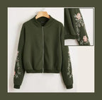 Embroidered Floral Detail Zip Up Bomber Jacket For Women -0538