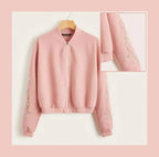 Embroidered Floral Detail Zip Up Bomber Jacket For Women -0538