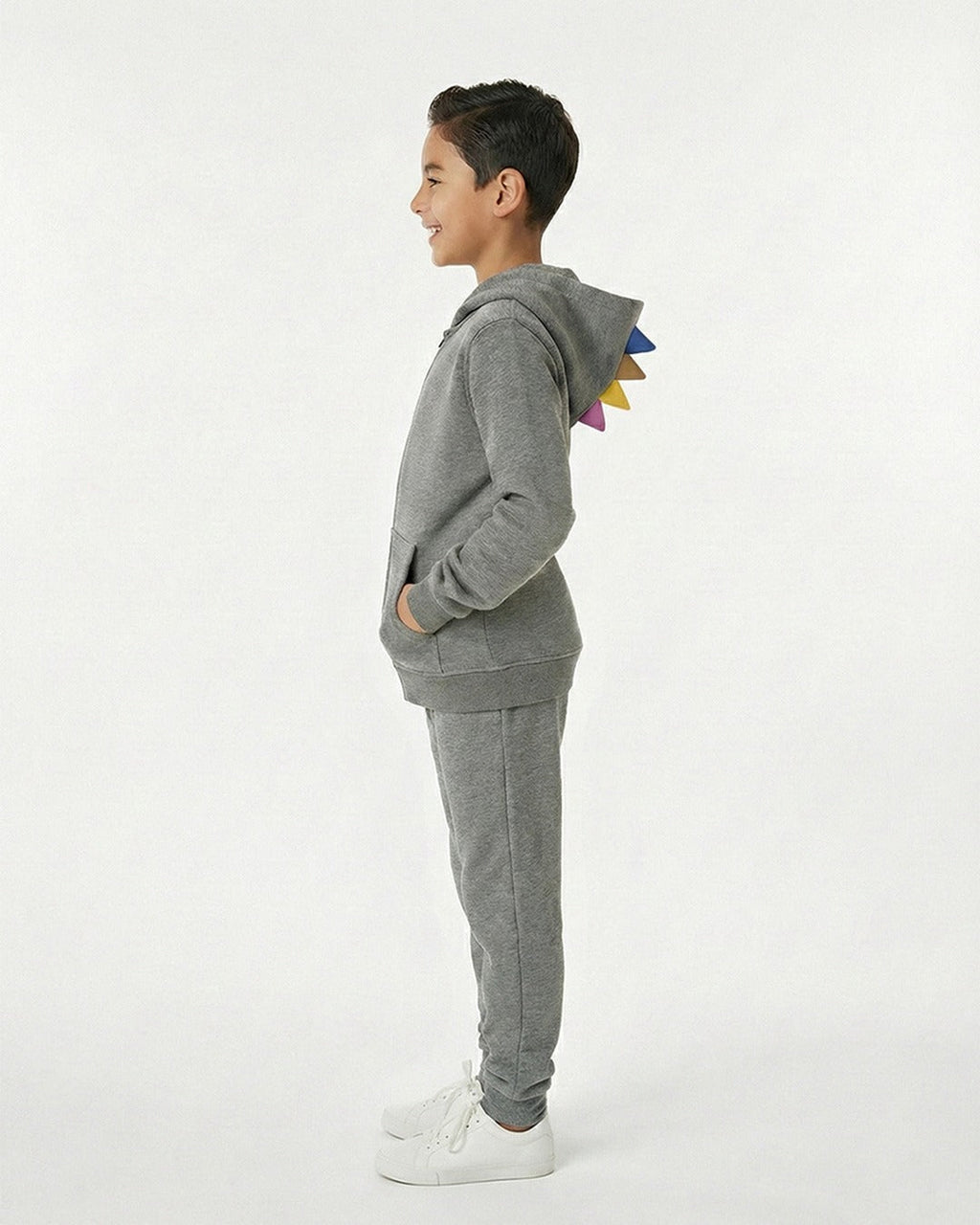 Kids Grey Fleece Hoodie & Jogger Set with Dino Spike Hood