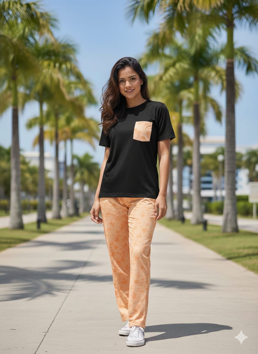 Women's 2-Piece Contrast Pocket Night Suit - Casual Loungewear Set