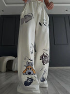 Cute Pet Graphic Wide-Leg Pants – Off-White Fleece | Raim Collection