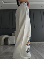 Cute Pet Graphic Wide-Leg Pants – Off-White Fleece | Raim Collection