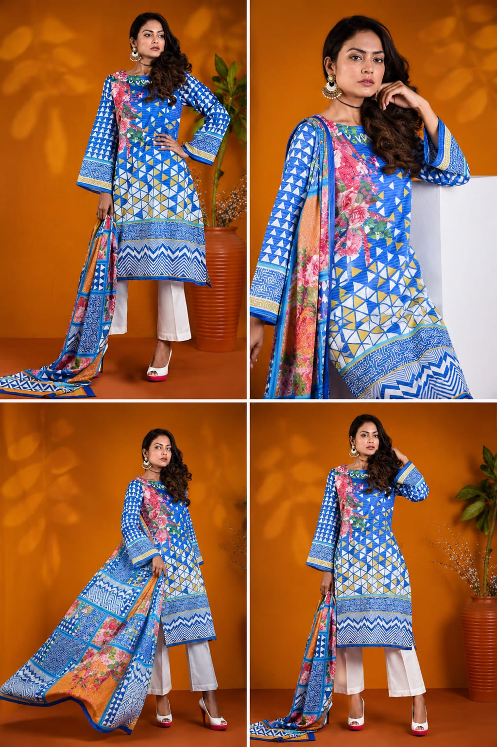 Royal Blue Geometric & Floral Printed 3-Piece Suit - Raim Collection