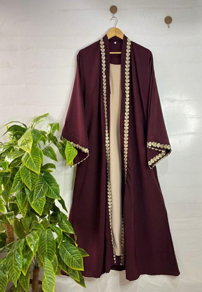 Maroon Open Abaya with Gold Heart Embroidery & Wide Sleeves
