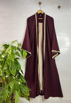 Maroon Open Abaya with Gold Heart Embroidery & Wide Sleeves