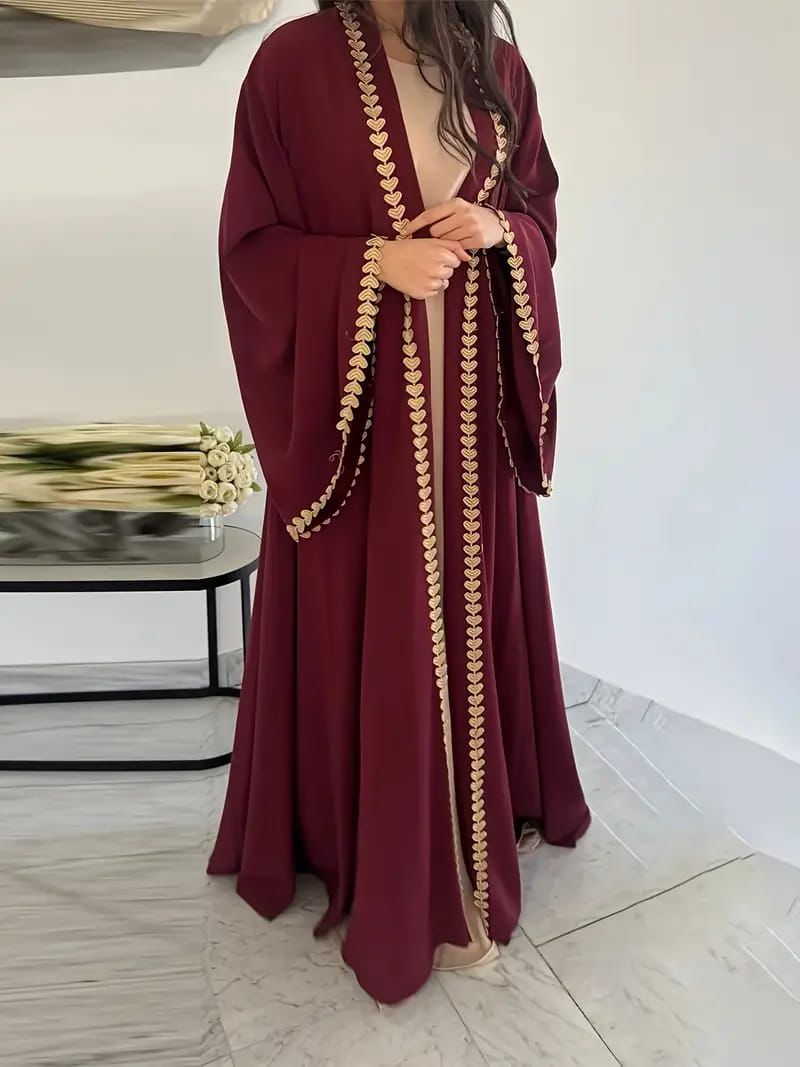 Maroon Open Abaya with Gold Heart Embroidery & Wide Sleeves