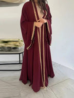 Maroon Open Abaya with Gold Heart Embroidery & Wide Sleeves