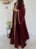 Maroon Open Abaya with Gold Heart Embroidery & Wide Sleeves