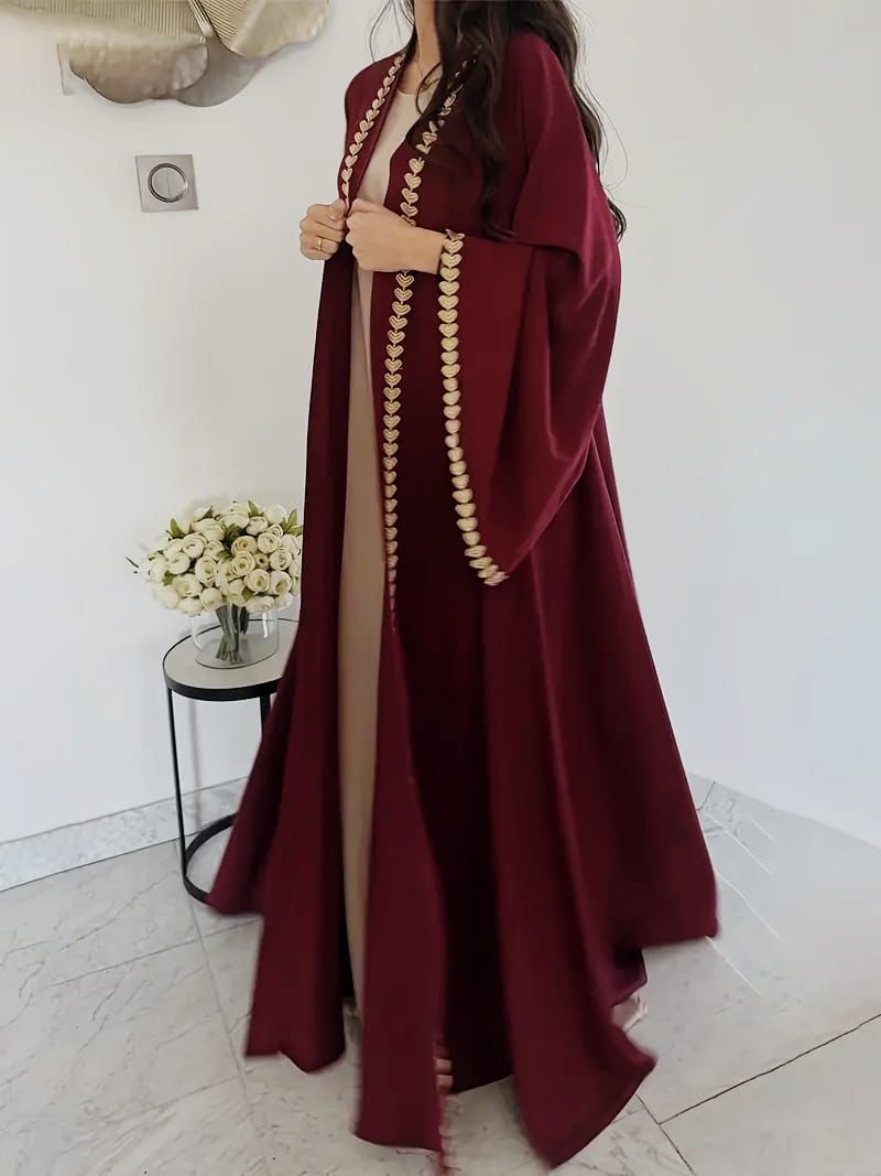 Maroon Open Abaya with Gold Heart Embroidery & Wide Sleeves
