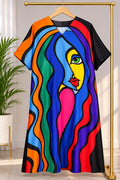 Abstract Pop Art Portrait Printed Shift Dress – Vibrant Multi-Color