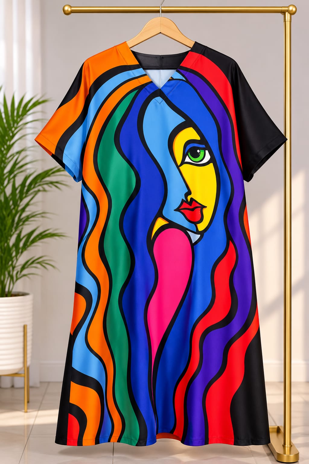 Abstract Pop Art Portrait Printed Shift Dress – Vibrant Multi-Color