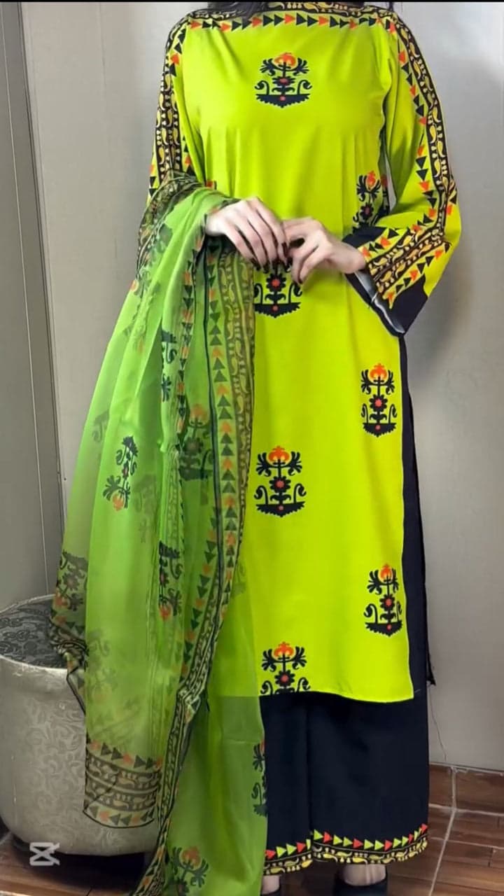 Lime & Black Contrast Lawn Dress - Stitched 3pc Ethnic Wear