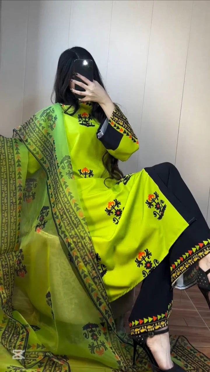 Lime & Black Contrast Lawn Dress - Stitched 3pc Ethnic Wear