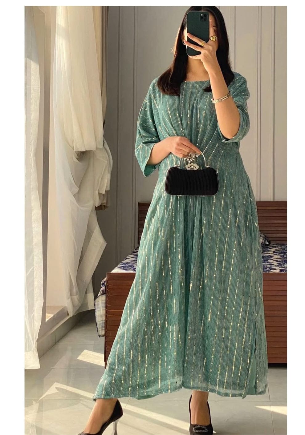 Shimmering Vertical Stripe Maxi Dress – Elegant Festive Flare Gown